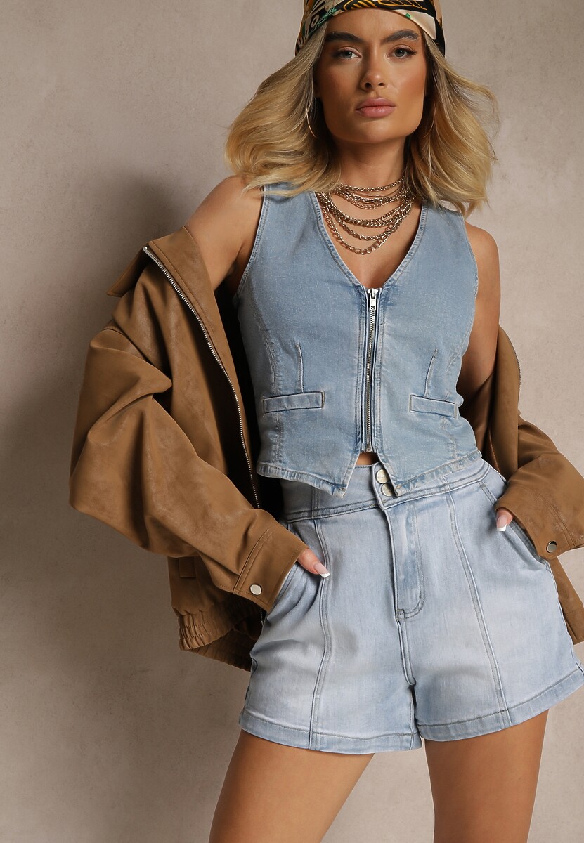 Niebieskie Szorty Jeansowe z Bawełną High Waist i Przeszyciami Tiledia 1
