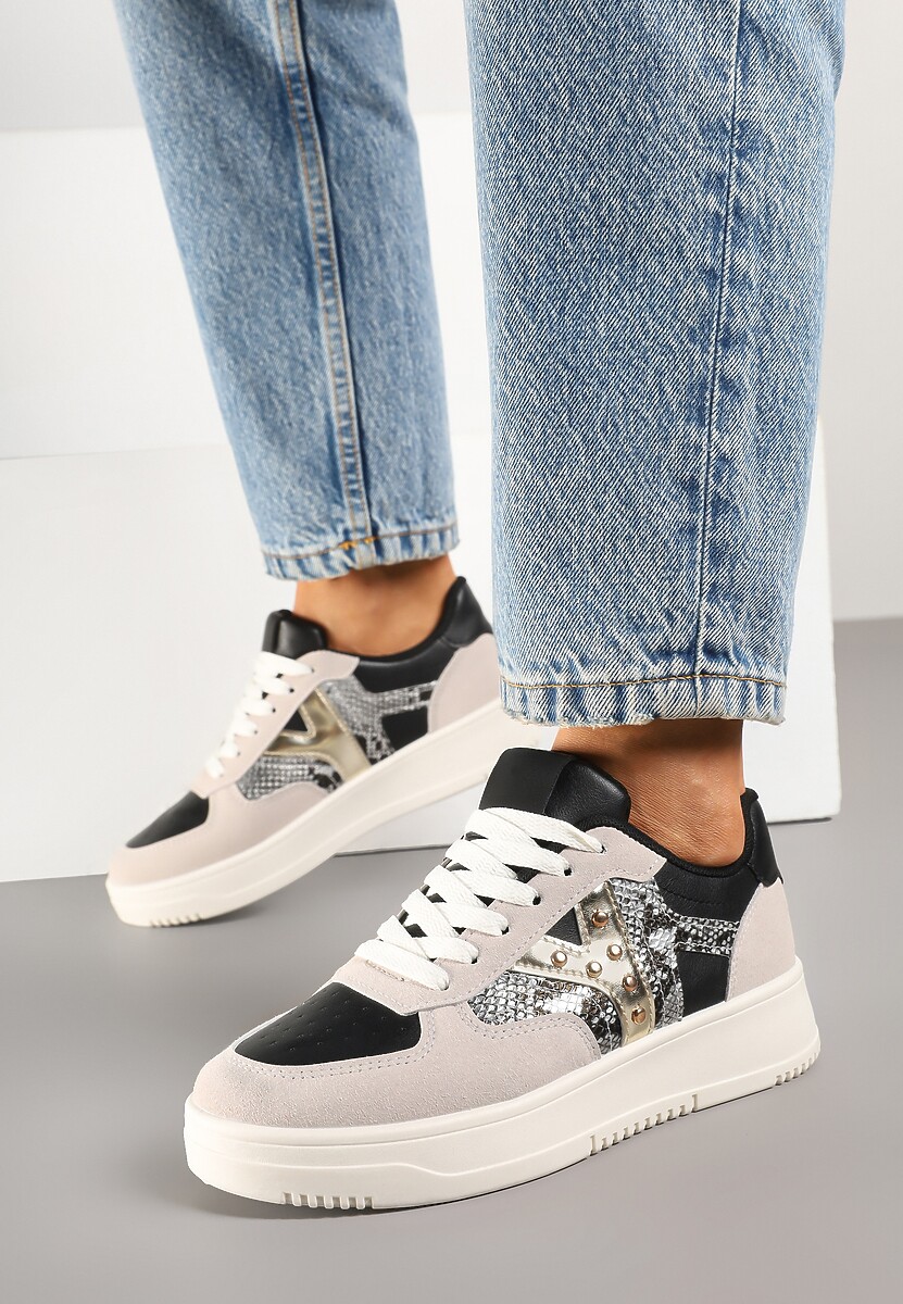 Czarno-Beżowe Sneakersy Zdobione Metaliczną Aplikacją i Imitacją Skóry Węża Sarivane 3