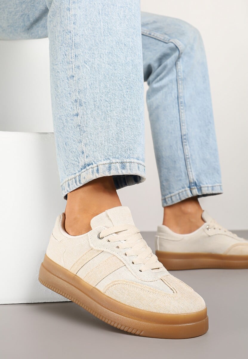 Beżowe Sneakersy Tenisówki Ozdobione Paskami Falaviela 2