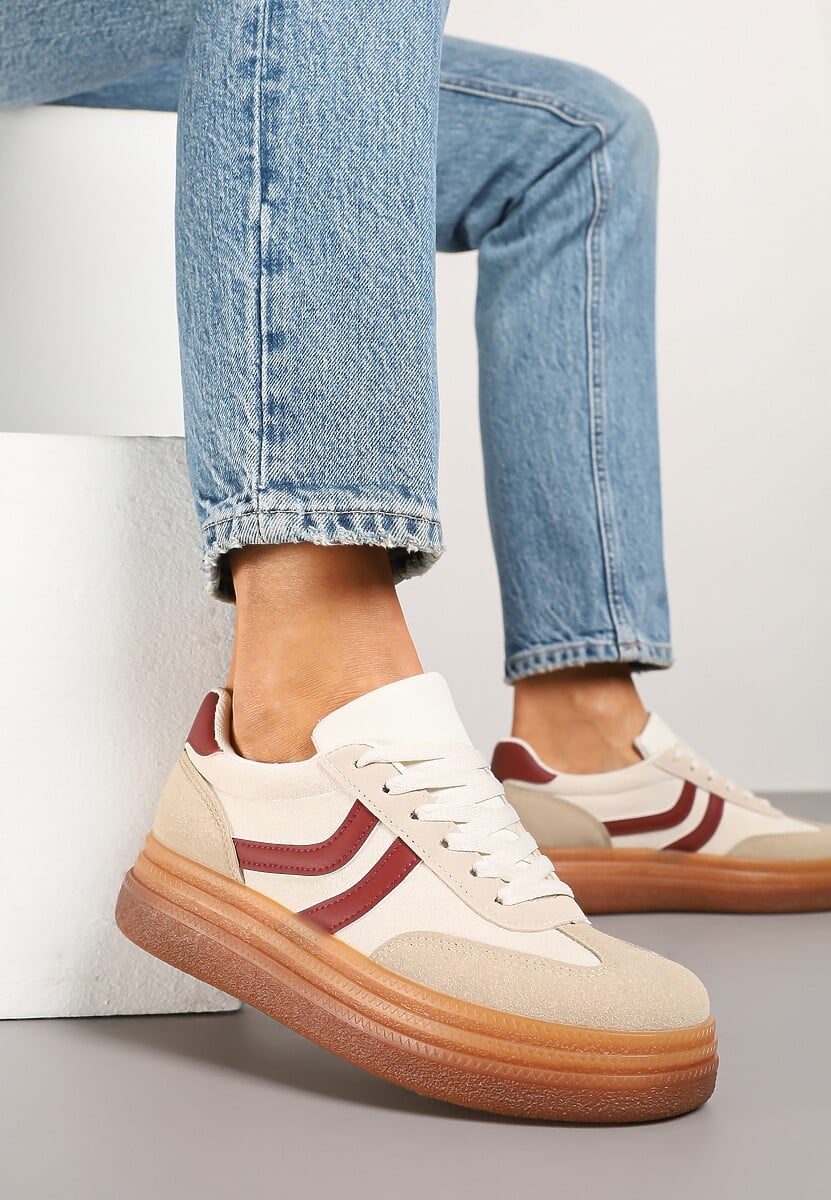 Beżowo-Bordowe Sneakersy Typu Kultowe Tenisówki na Niskiej Platformie Olritia 1