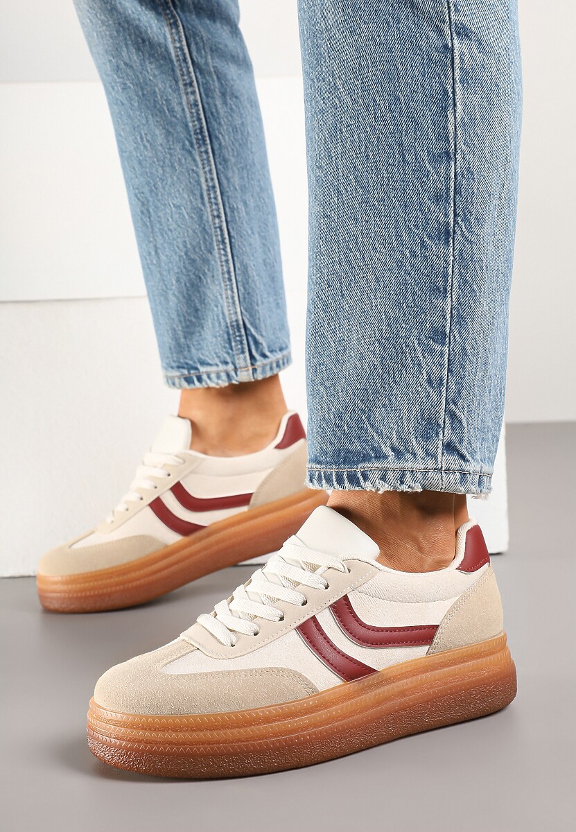 Beżowo-Bordowe Sneakersy Typu Kultowe Tenisówki na Niskiej Platformie Olritia 2