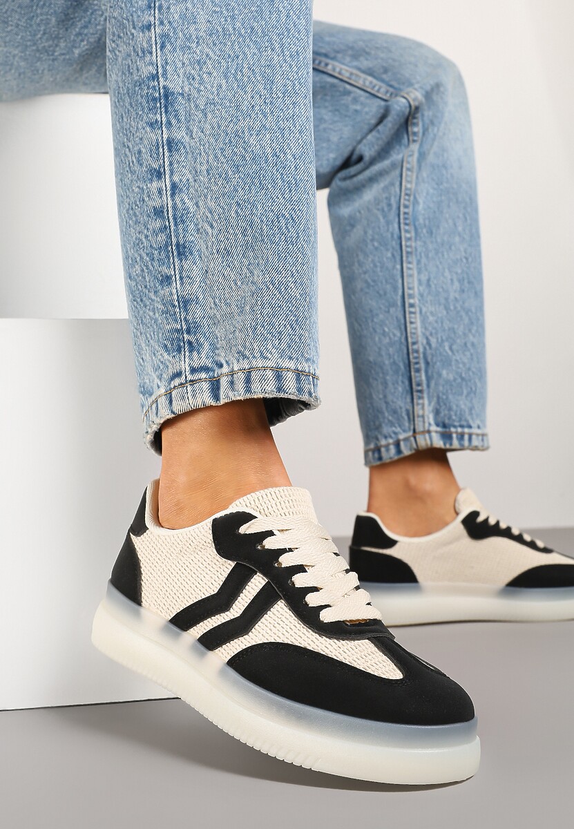 Czarno-Beżowe Sneakersy Tenisówki Ozdobione Paskami Falovinia 2