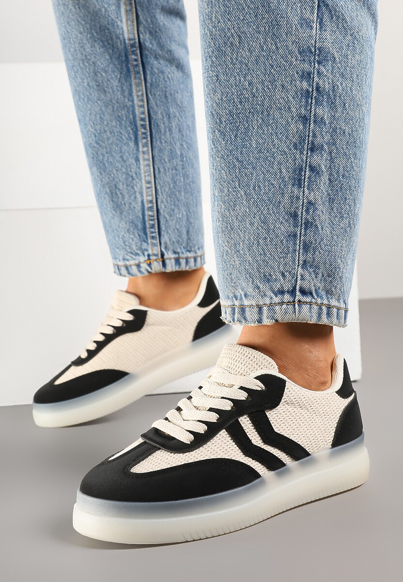 Czarno-Beżowe Sneakersy Tenisówki Ozdobione Paskami Falovinia 3