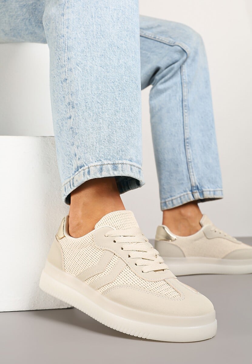 Beżowe Sneakersy Tenisówki Ozdobione Paskami Falovinia 2