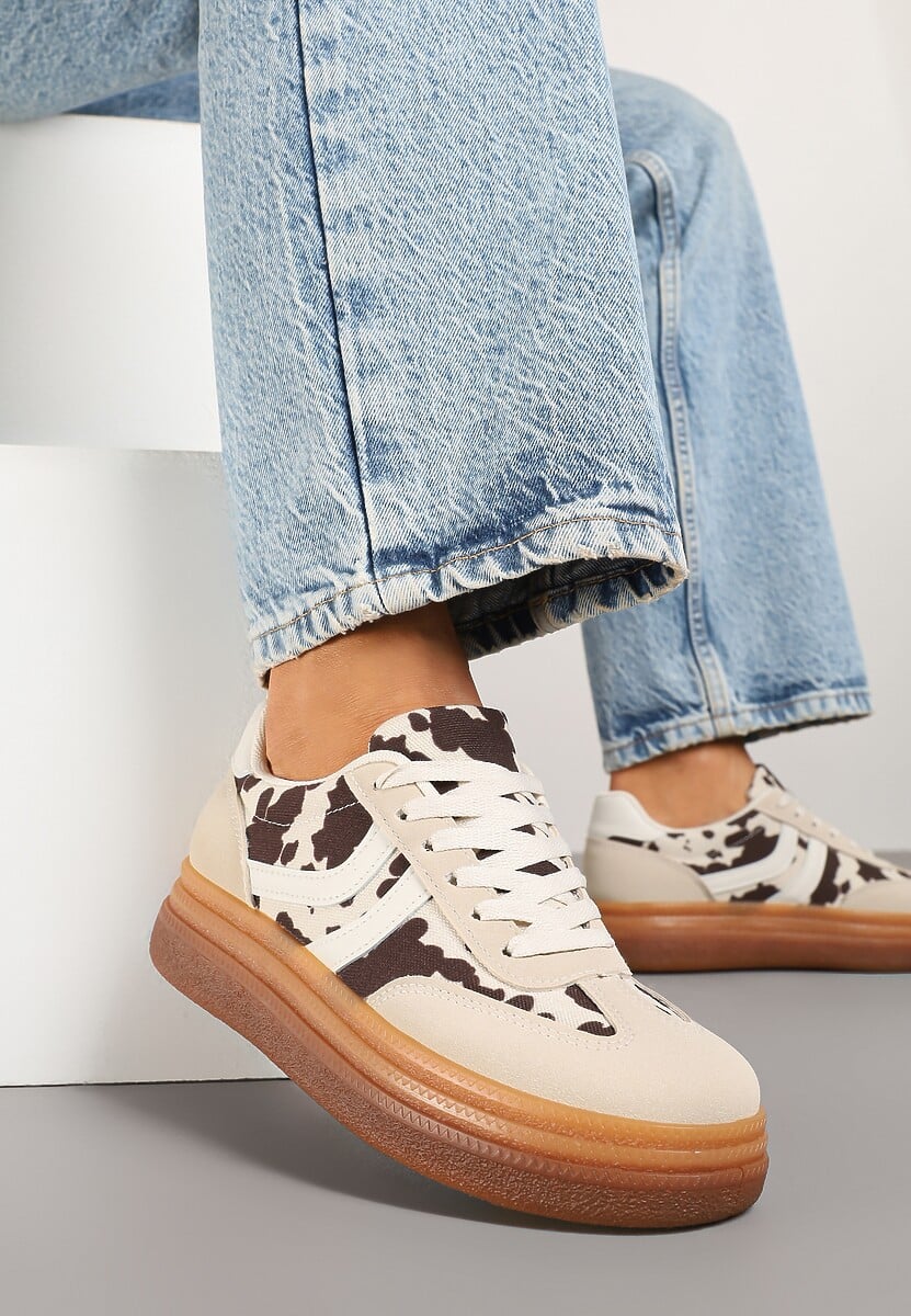 Beżowo-Brązowe Sneakersy Tenisówki Ozdobione Wzorem w Łaty Polliane 1