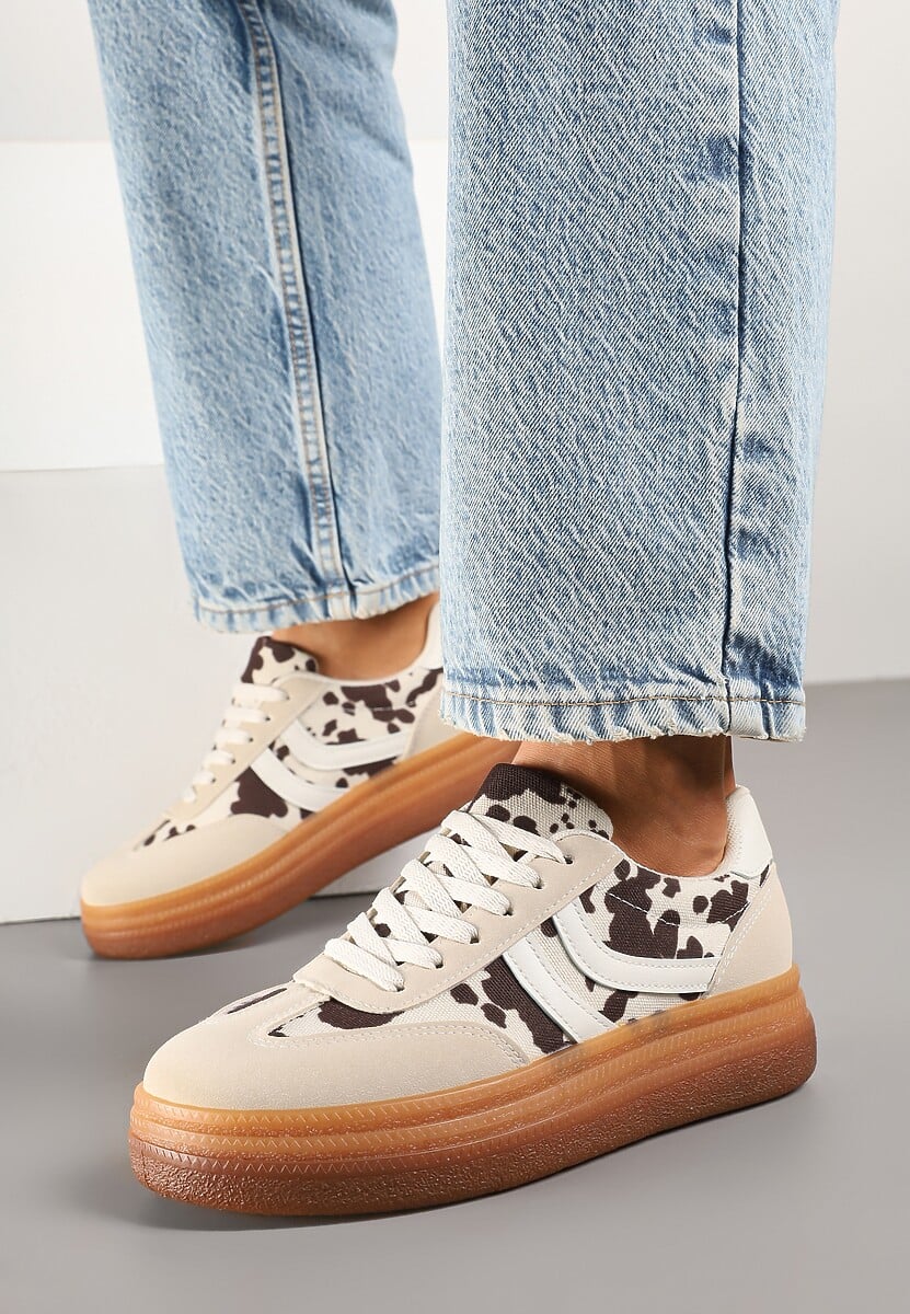 Beżowo-Brązowe Sneakersy Tenisówki Ozdobione Wzorem w Łaty Polliane 2