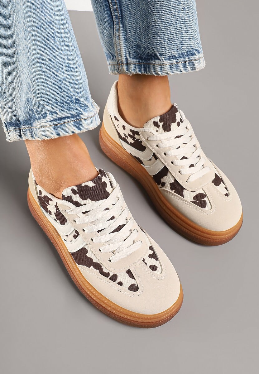 Beżowo-Brązowe Sneakersy Tenisówki Ozdobione Wzorem w Łaty Polliane 3