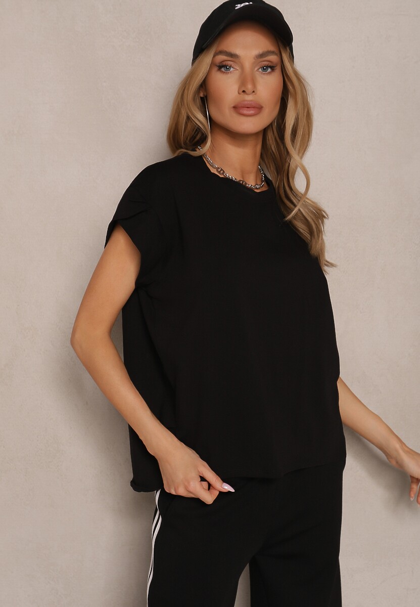 Czarny Bawełniany T-shirt z Rozcięciami przy Rękawach Katilana 1