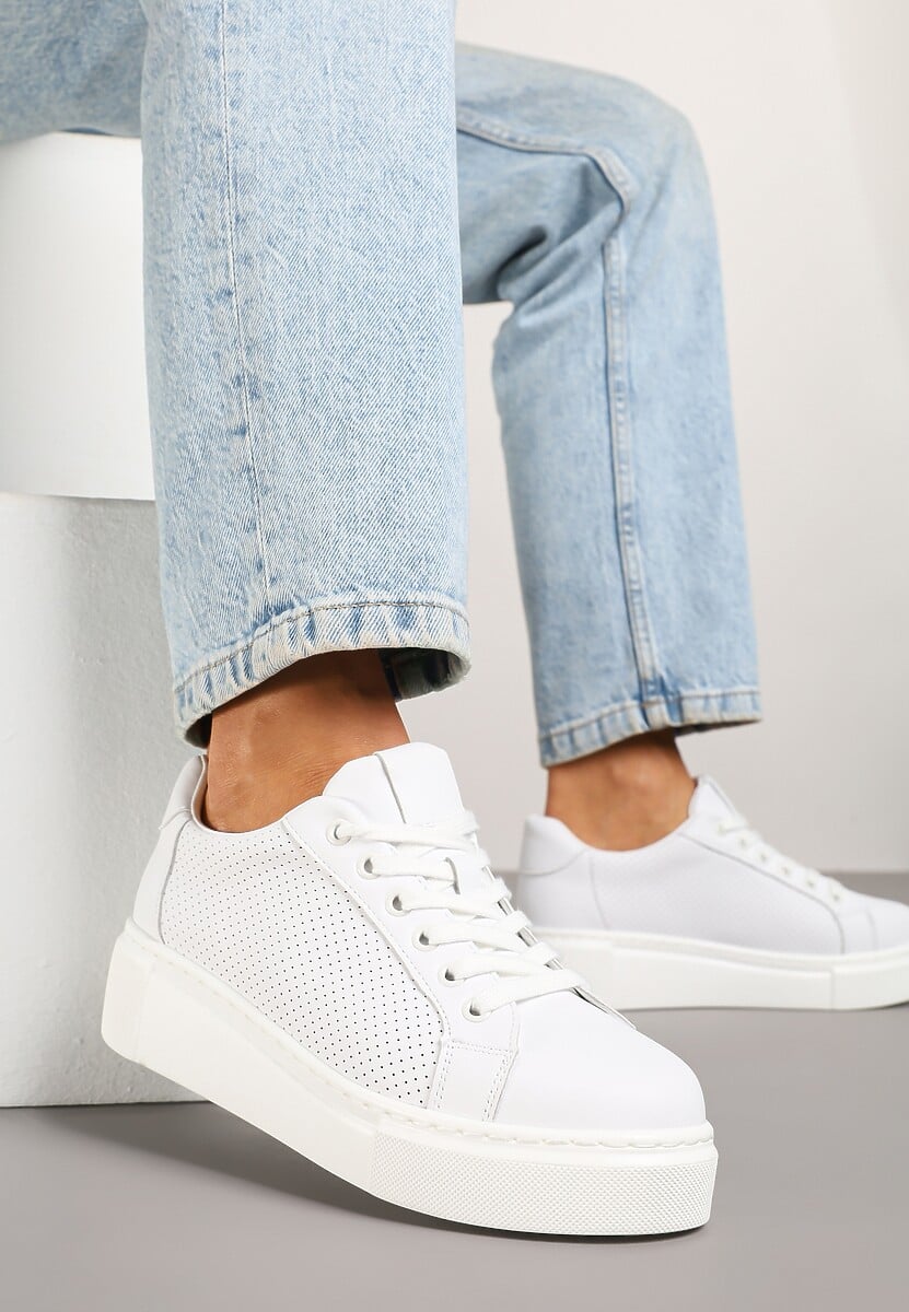 Białe Sneakersy Skórzane na Platformie z Ozdobą i Perforacją Neolivia 2