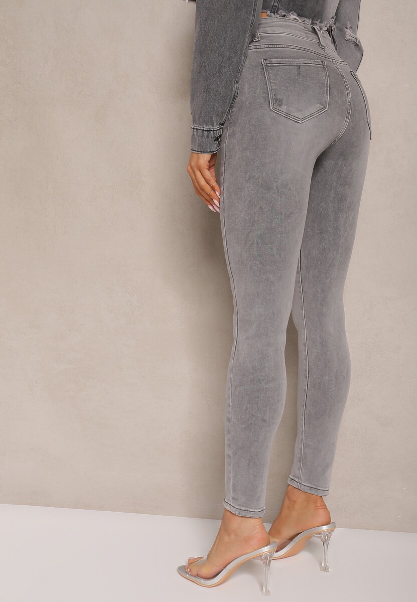 Jasnoszare Jeansy o Fasonie Skinny High Waist z Ozdobnymi Przetarciami Lililiane 3