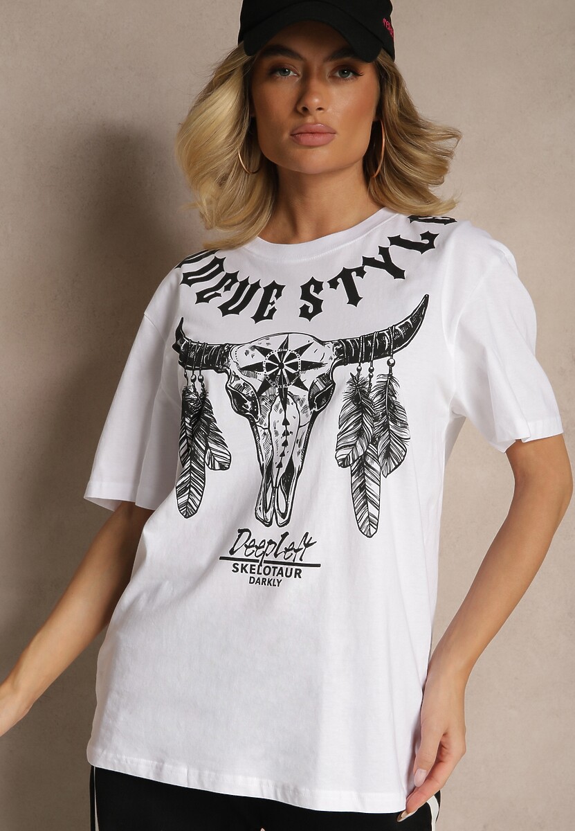 Biała Koszulka T-shirt Bawełniany z Ozdobnym Nadrukiem Napene 1