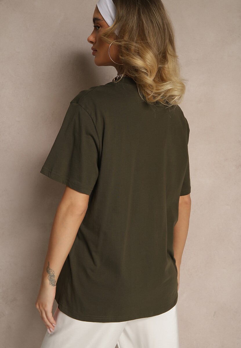 Ciemnobeżowa Koszulka T-shirt Bawełniany z Ozdobnym Nadrukiem Napene 3