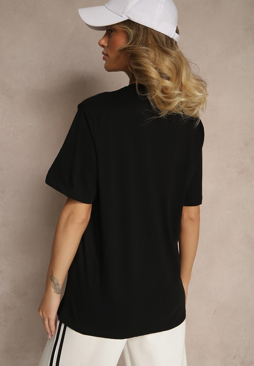 Czarna Koszulka T-shirt Bawełniany z Ozdobnym Nadrukiem Napene 3