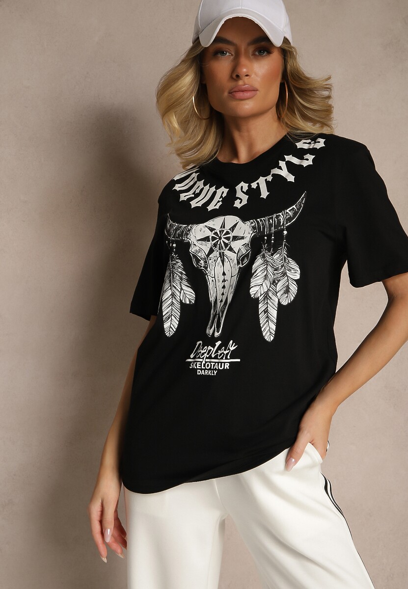 Czarna Koszulka T-shirt Bawełniany z Ozdobnym Nadrukiem Napene 1