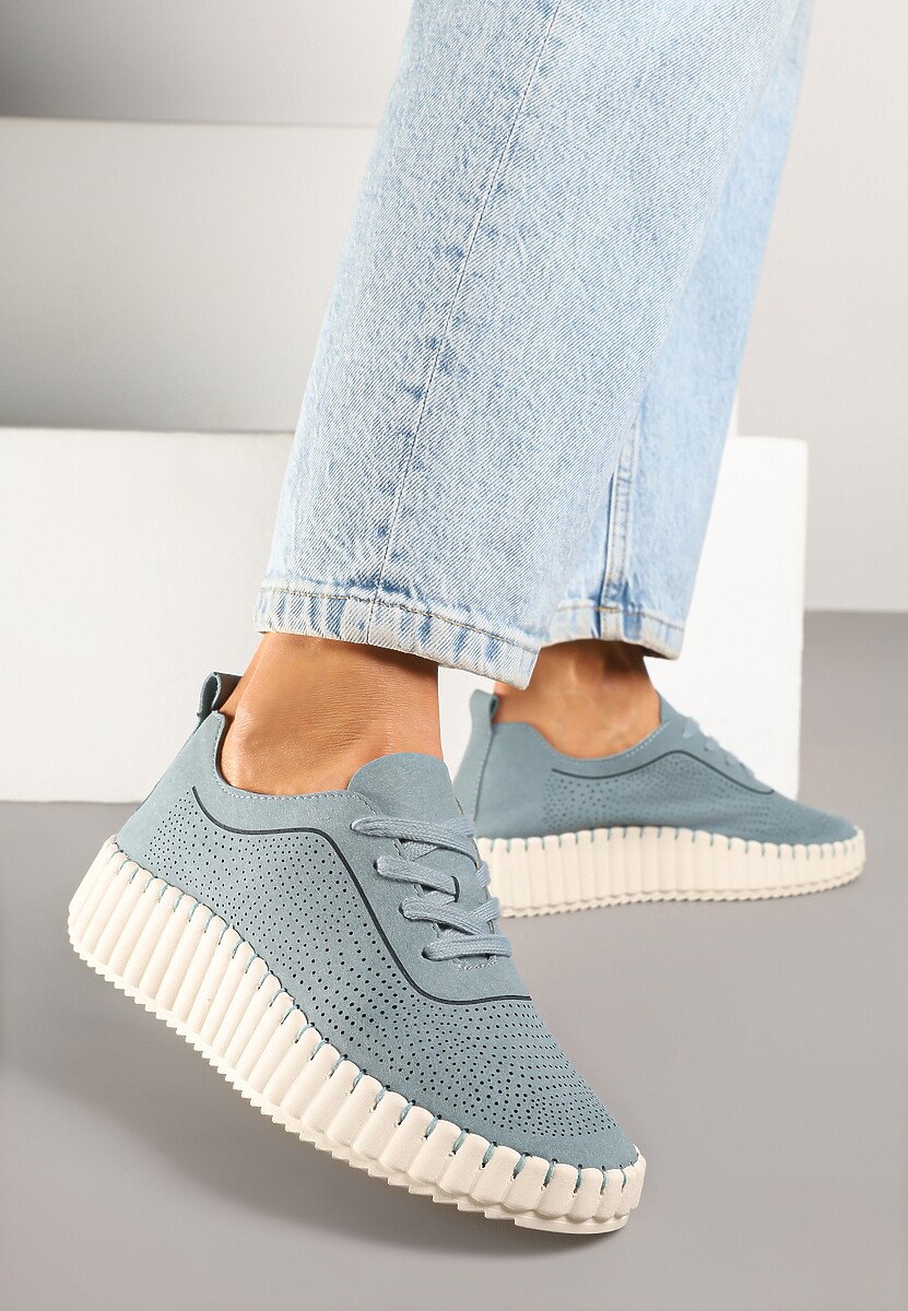 Niebieskie Sneakersy na Tłoczonej Platformie z Ażurową Cholewką Ronfira 1