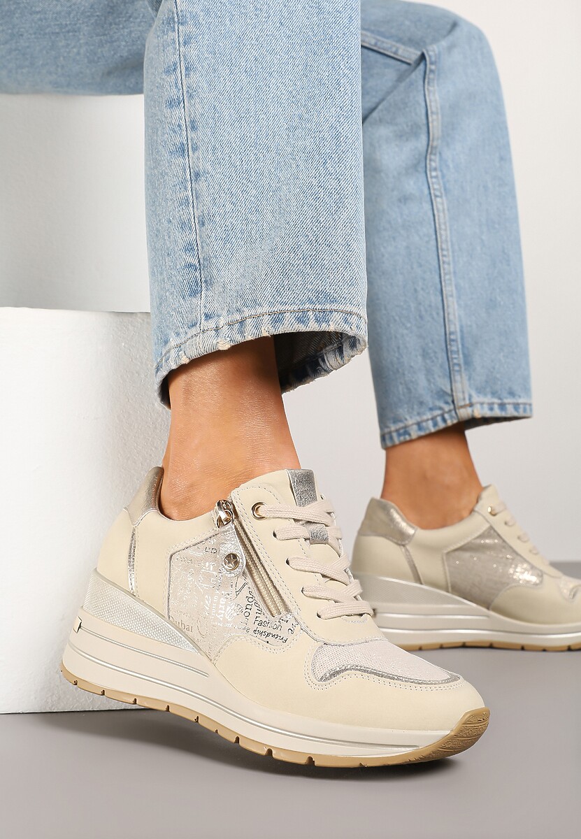 Beżowe Metaliczne Sneakersy ze Skóry Naturalnej na Koturnie z Ozdobnym Suwakiem Tarivone 2
