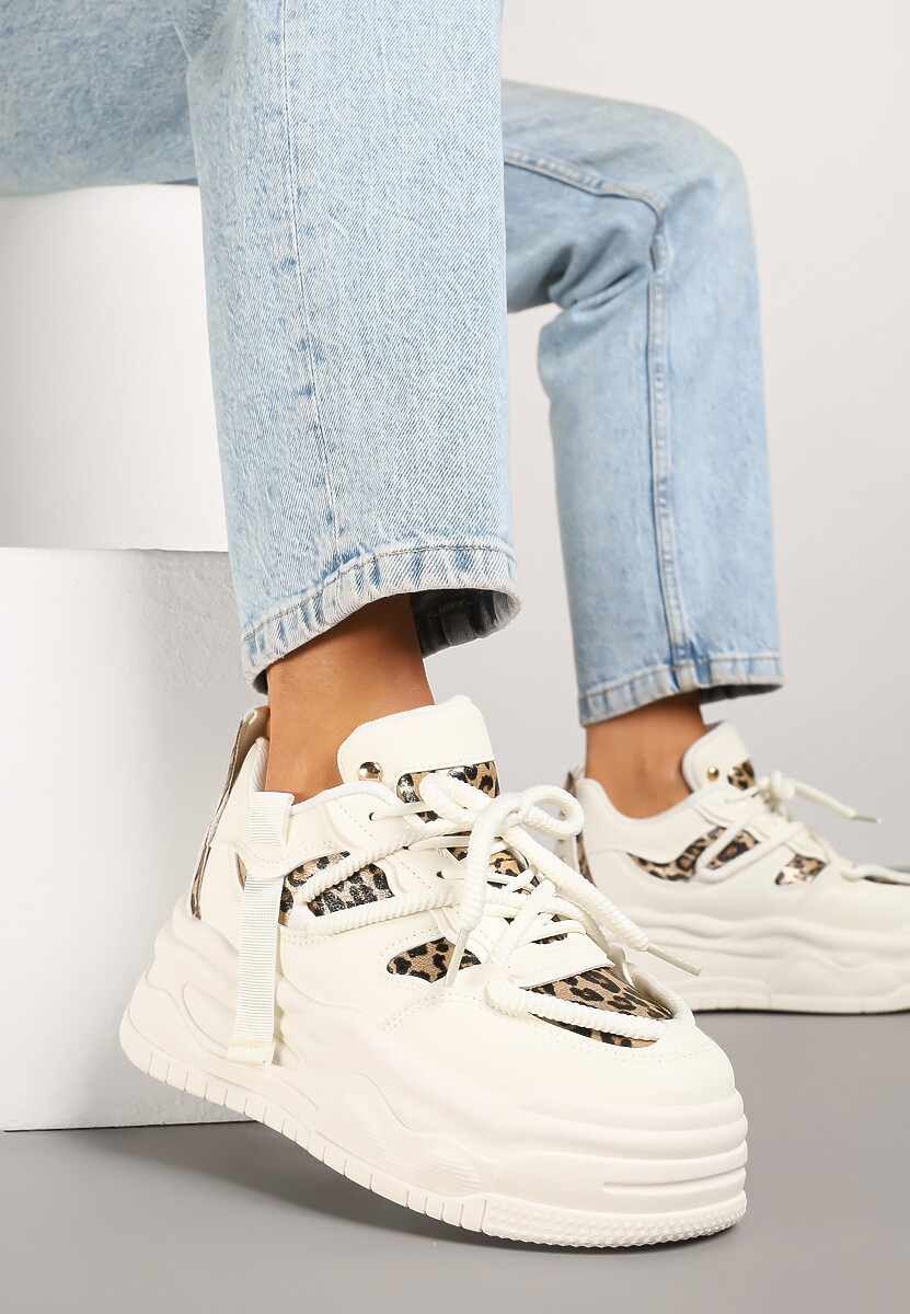 Beżowo-Panterkowe Sneakersy w Streetwearowym Stylu na Tłoczonej Platformie z Brokatem Mailienne 1