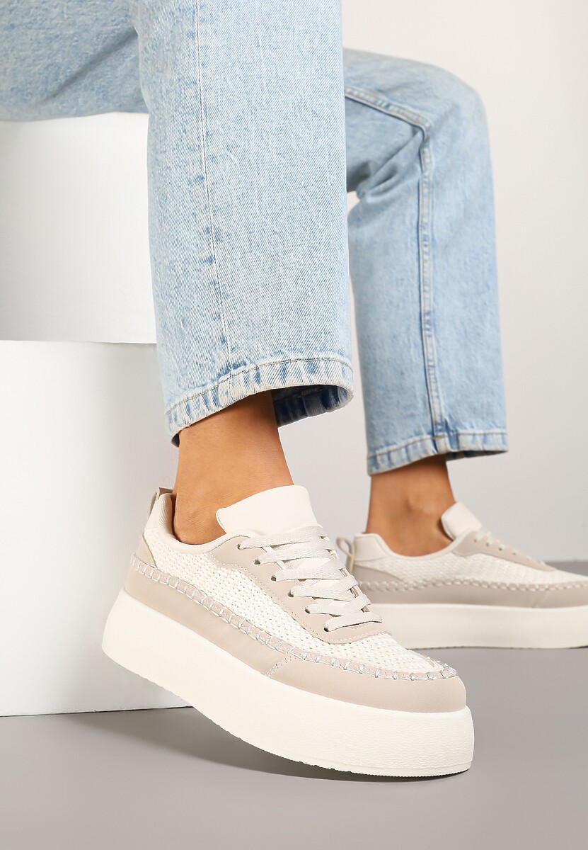 Beżowe Sneakersy na Platformie Ozdobione Plecionką Nilaraviela 2
