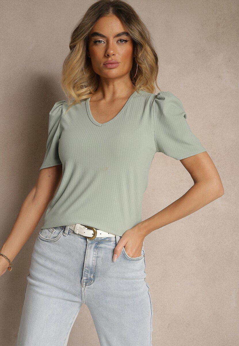 Zielony T-shirt z Trójkątnym Dekoltem Sunille 1