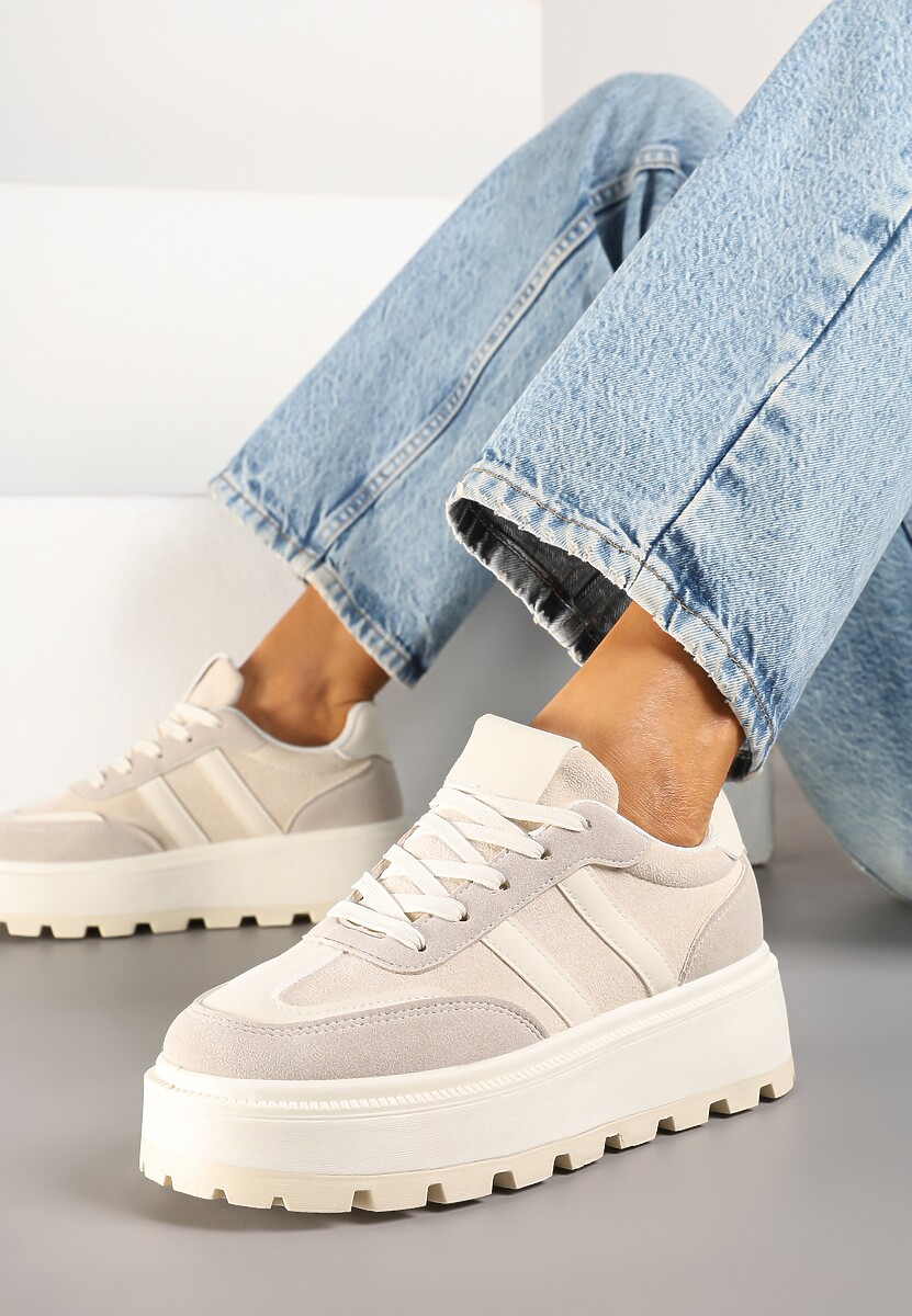 Beżowe Sneakersy w Stylu Klasycznych Tenisówek na Platformie ze Żłobieniami Xarmio 1