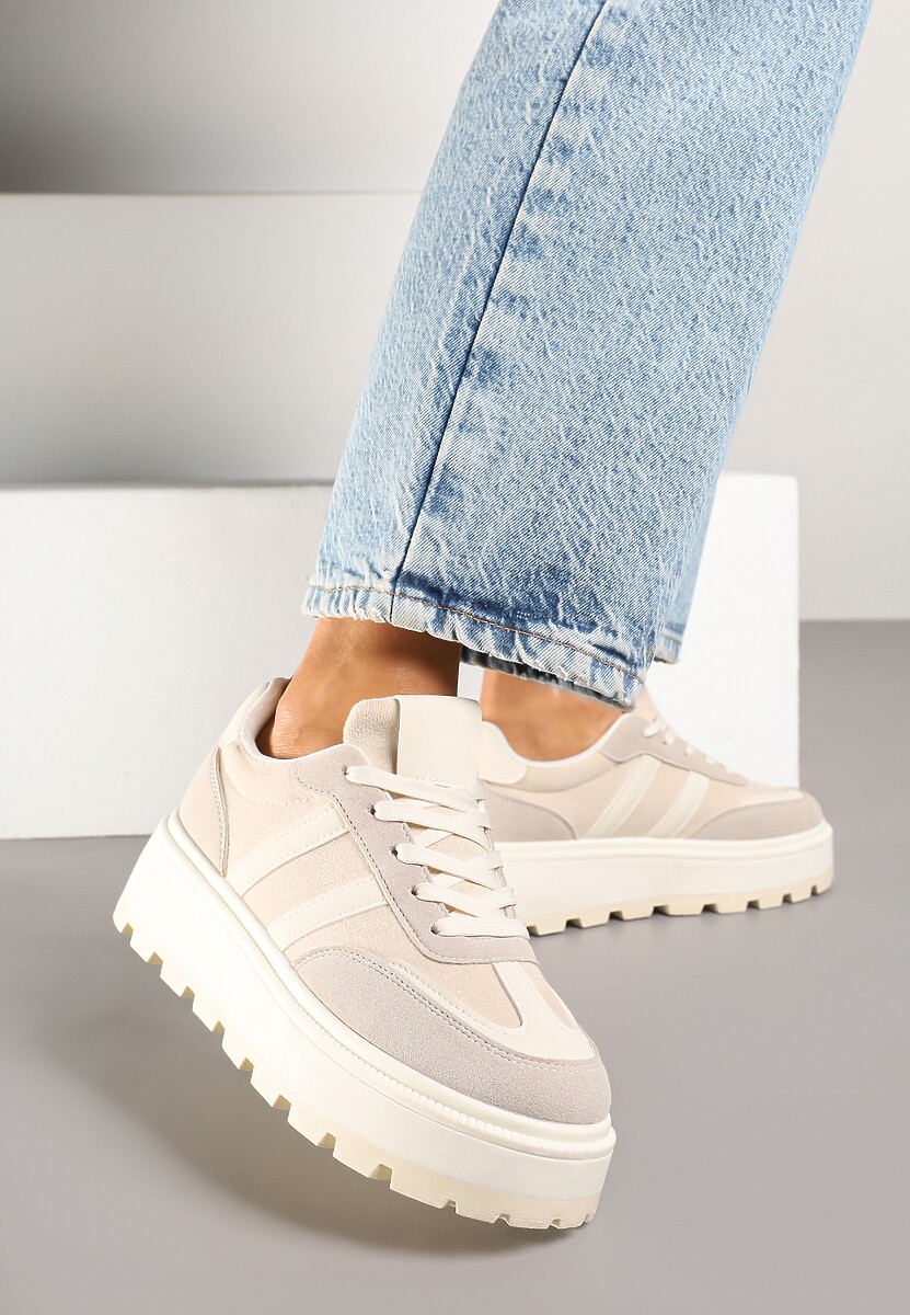 Beżowe Sneakersy w Stylu Klasycznych Tenisówek na Platformie ze Żłobieniami Xarmio 2