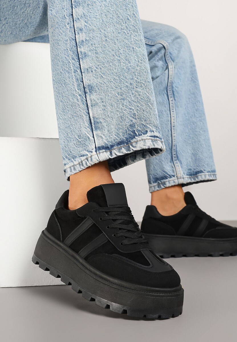 Czarne Sneakersy w Stylu Klasycznych Tenisówek na Platformie ze Żłobieniami Xarmio 1