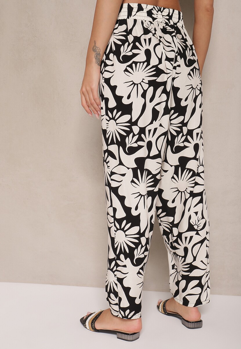 Czarne Spodnie z Wiskozy High Waist w Kwiatowy Wzór Niliannea 3