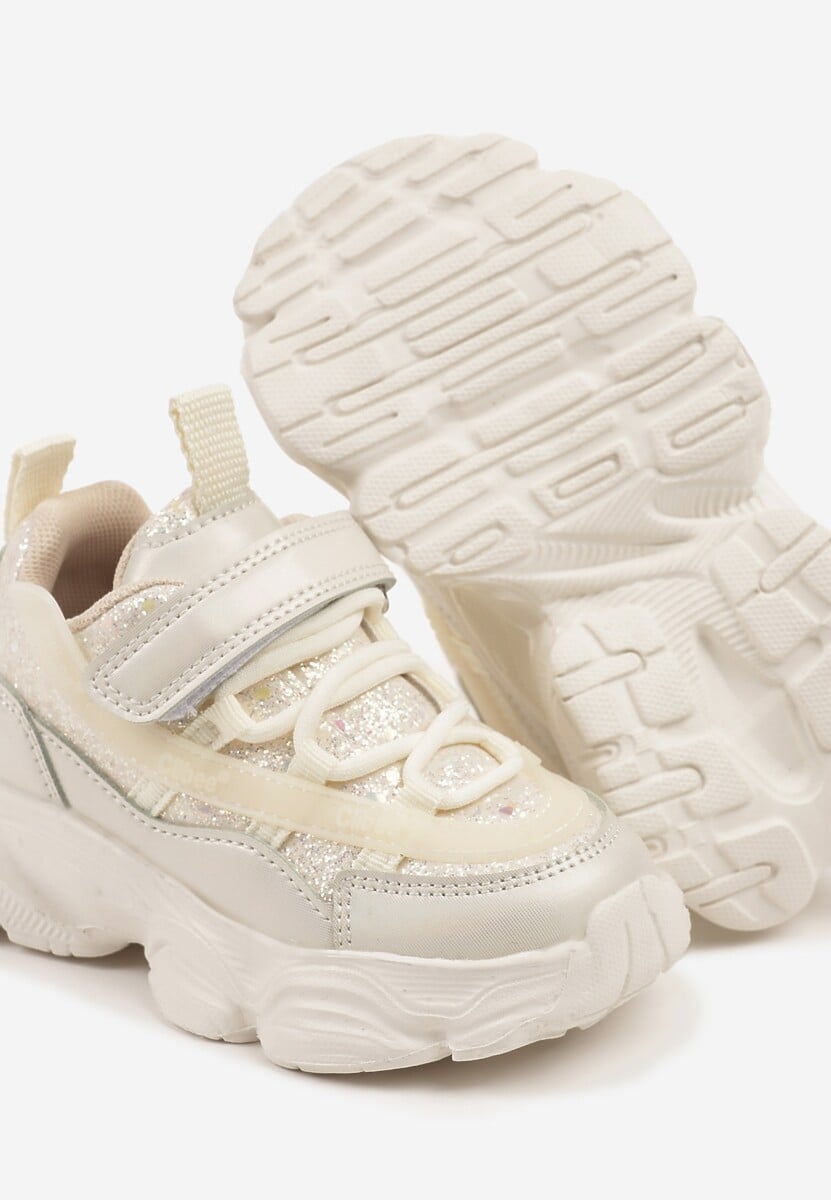 Beżowe Brokatowe Buty Sportowe Sneakersy w Stylu Streetwearowym Arriti 3