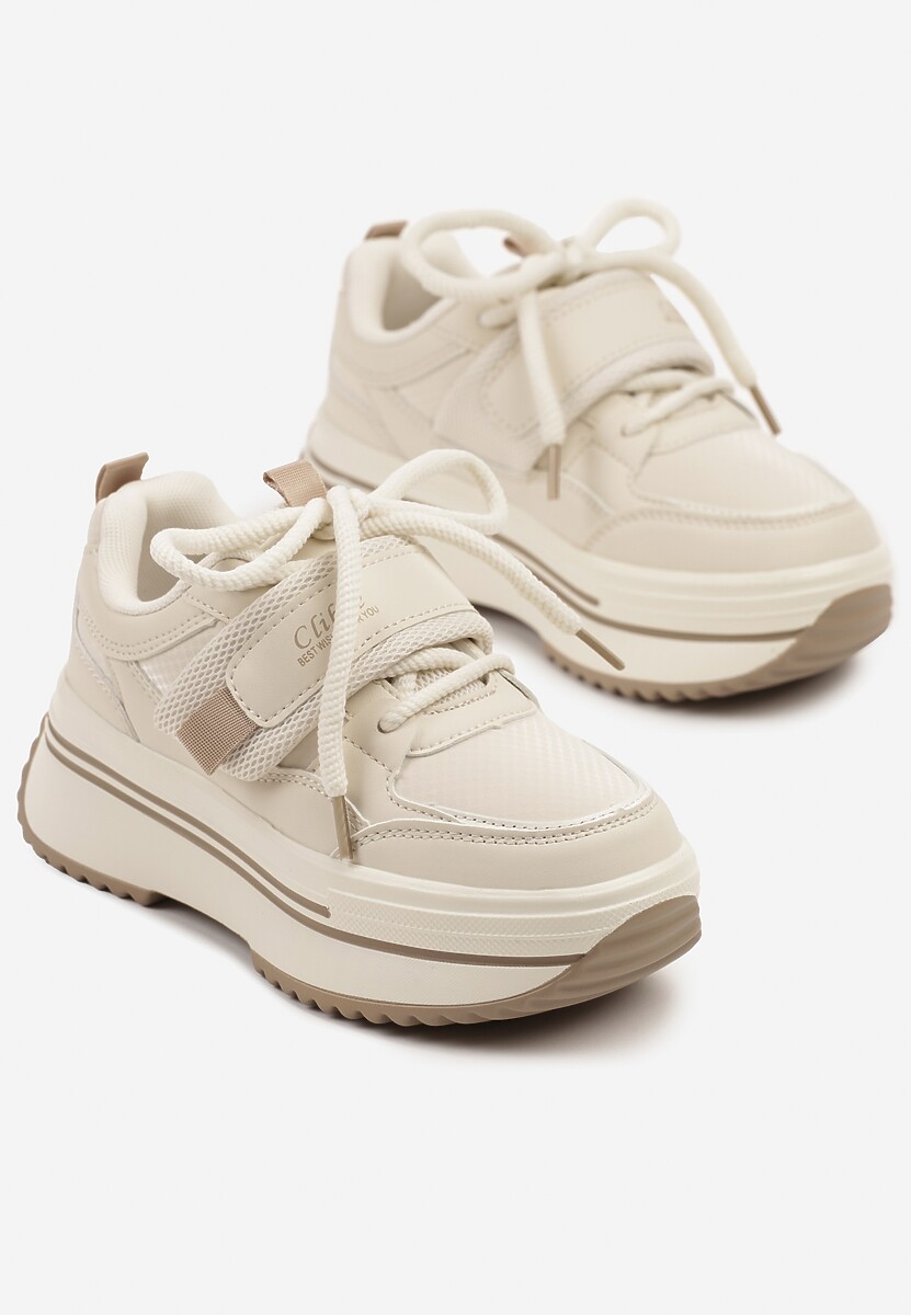 Beżowe Buty Sportowe Sneakersy na Platformie z Dodatkowym Zapięciem na Rzep Dorriti 2