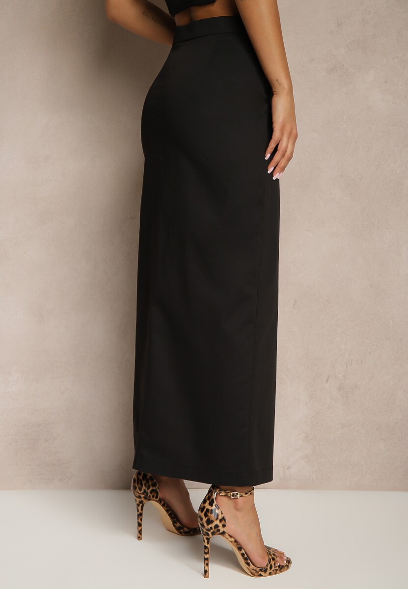 Czarna Ołówkowa Spódnica z Bawełny High Waist z Rozcięciem z Przodu Aliselle 3