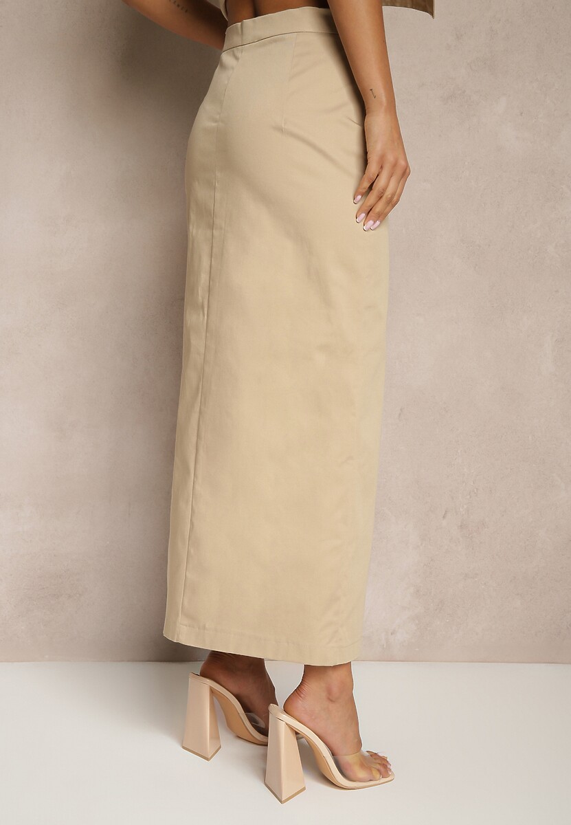 Beżowa Ołówkowa Spódnica z Bawełny High Waist z Rozcięciem z Przodu Aliselle 3