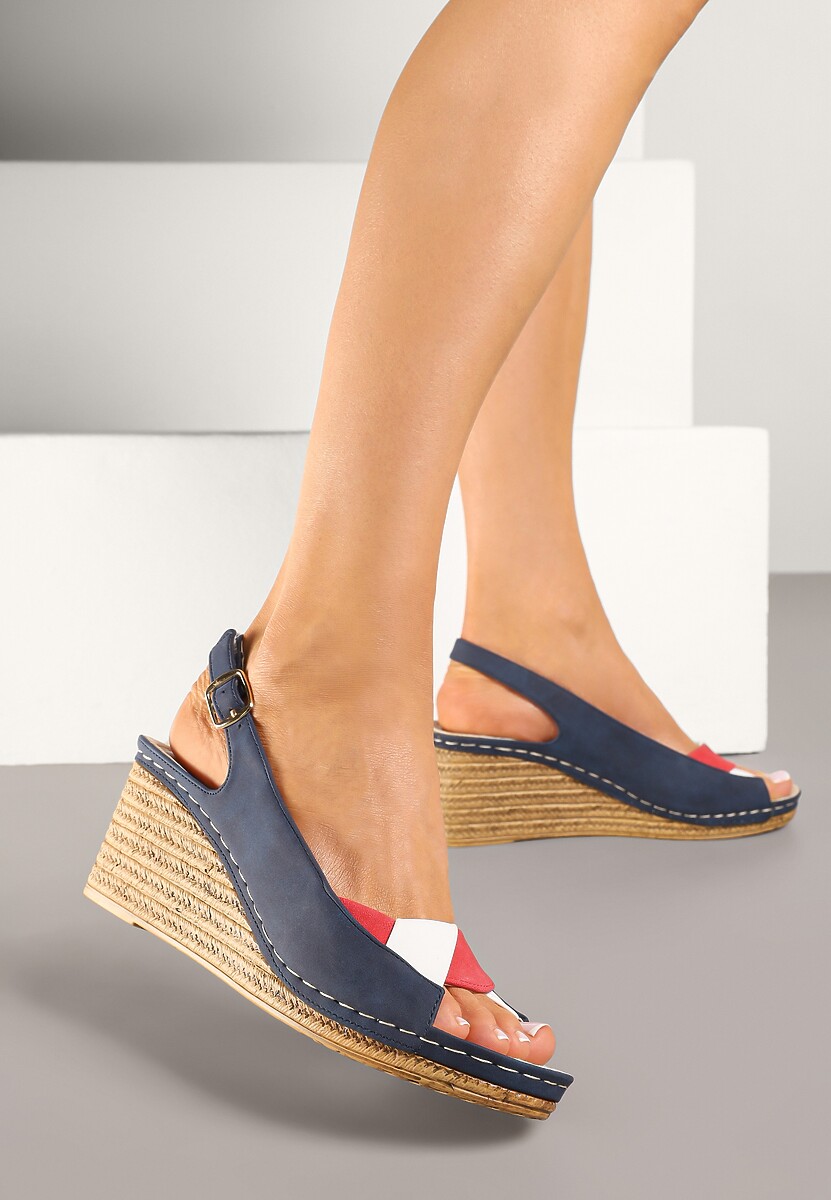 Granatowe Sandały na Koturnie z Plecionką i Geometryczną Cholewką Enellori 3