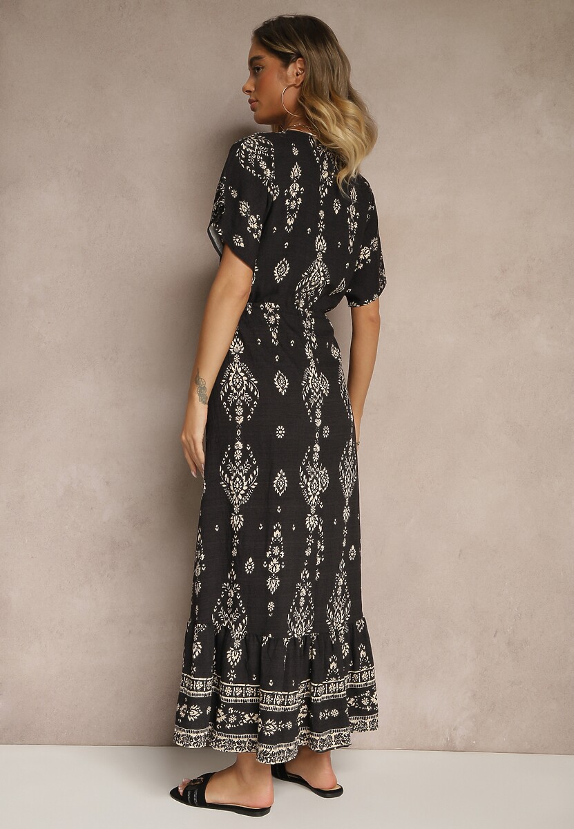Czarna Rozkloszowana Sukienka z Falbanką w Print Boho z Wiskozą Tunova 3