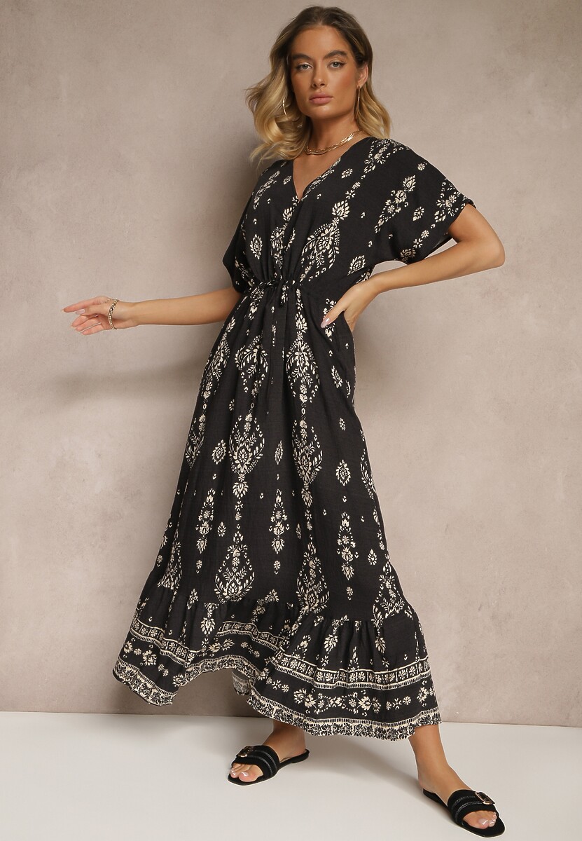Czarna Rozkloszowana Sukienka z Falbanką w Print Boho z Wiskozą Tunova 1