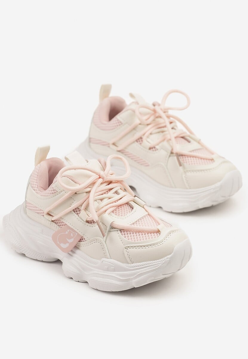 Biało-Różowe Buty Sportowe Sneakersy z Tłoczoną Cholewką Ellivenne 2