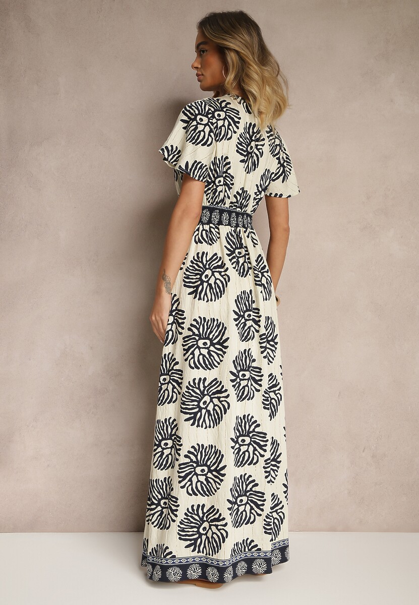 Niebieska Sukienka w Print Boho z Wiskozy Rozkloszowana z Dekoltem V Palarina 3