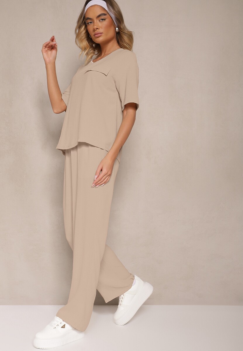 Ciemnobeżowy Komplet w Stylu Oversize Utility Bluzka i Szerokie Spodnie Eviralitta 1