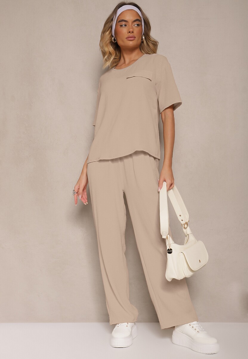 Ciemnobeżowy Komplet w Stylu Oversize Utility Bluzka i Szerokie Spodnie Eviralitta 2