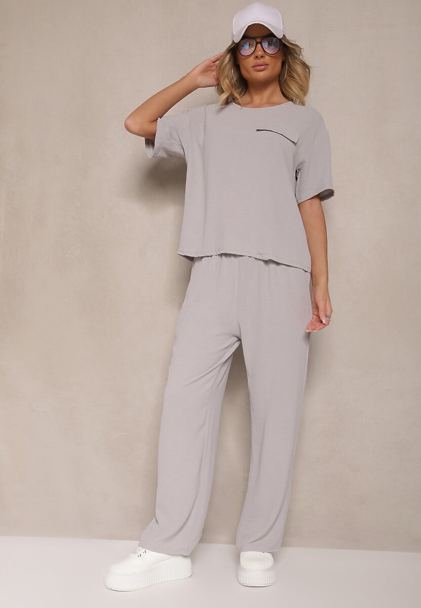 Szary Komplet w Stylu Oversize Utility Bluzka i Szerokie Spodnie Eviralitta 1