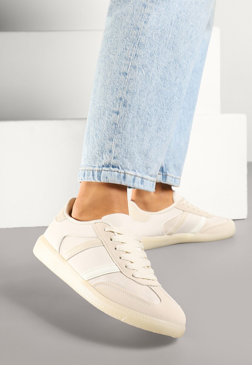 Beżowe Sneakersy Sportowe przed Kostkę z Ozdobnymi Paskami Zonevia 1