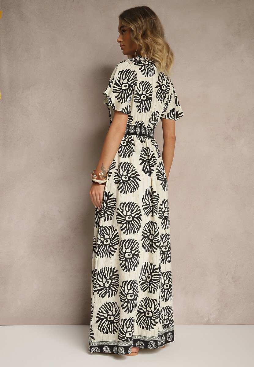 Beżowo-Czarna Sukienka w Print Boho z Wiskozy Rozkloszowana z Dekoltem V Palarina 3