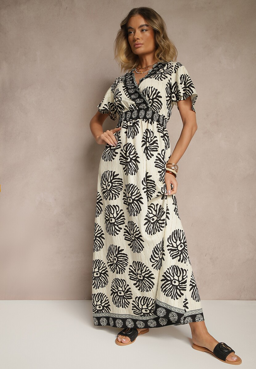 Beżowo-Czarna Sukienka w Print Boho z Wiskozy Rozkloszowana z Dekoltem V Palarina 1