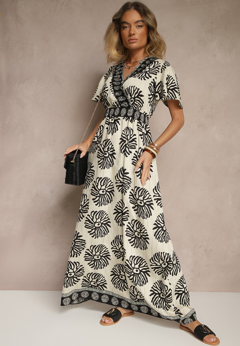 Beżowo-Czarna Sukienka w Print Boho z Wiskozy Rozkloszowana z Dekoltem V Palarina 2
