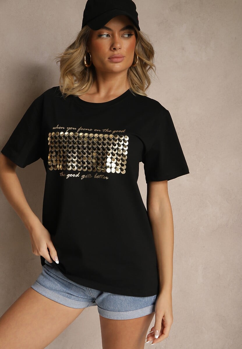 Czarny T-shirt z Bawełny z Naszytymi Cekinami Avenelli 2