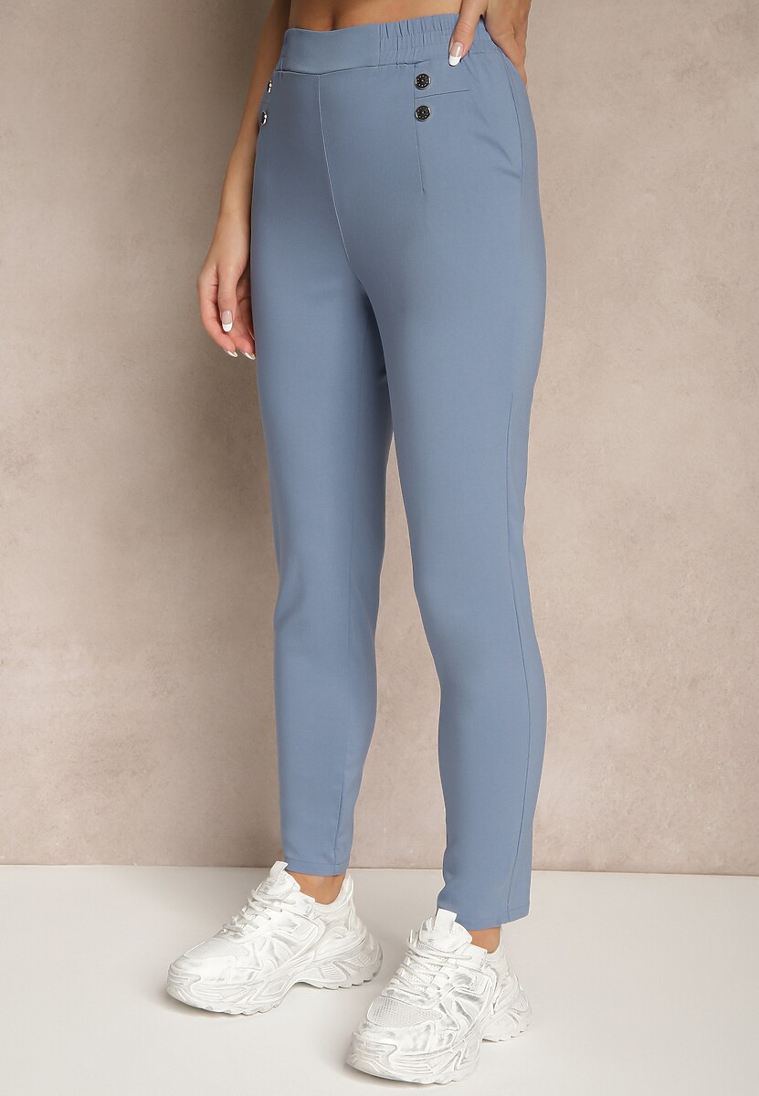Niebieskie Spodnie z Wiskozą High Waist z Ozdobnymi Guzikami Redillia 1