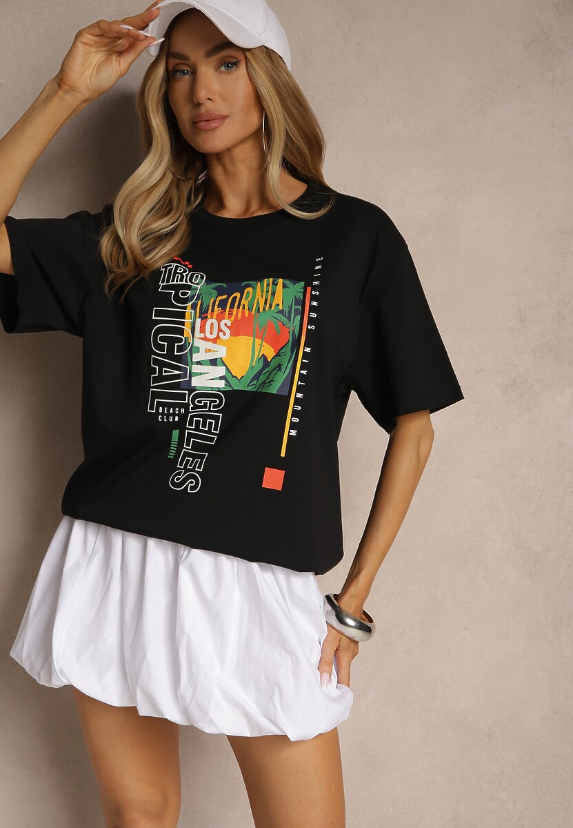 Czarna Koszulka T-shirt z Bawełny Zdobiona Oryginalnym Nadrukiem Savindrae 1