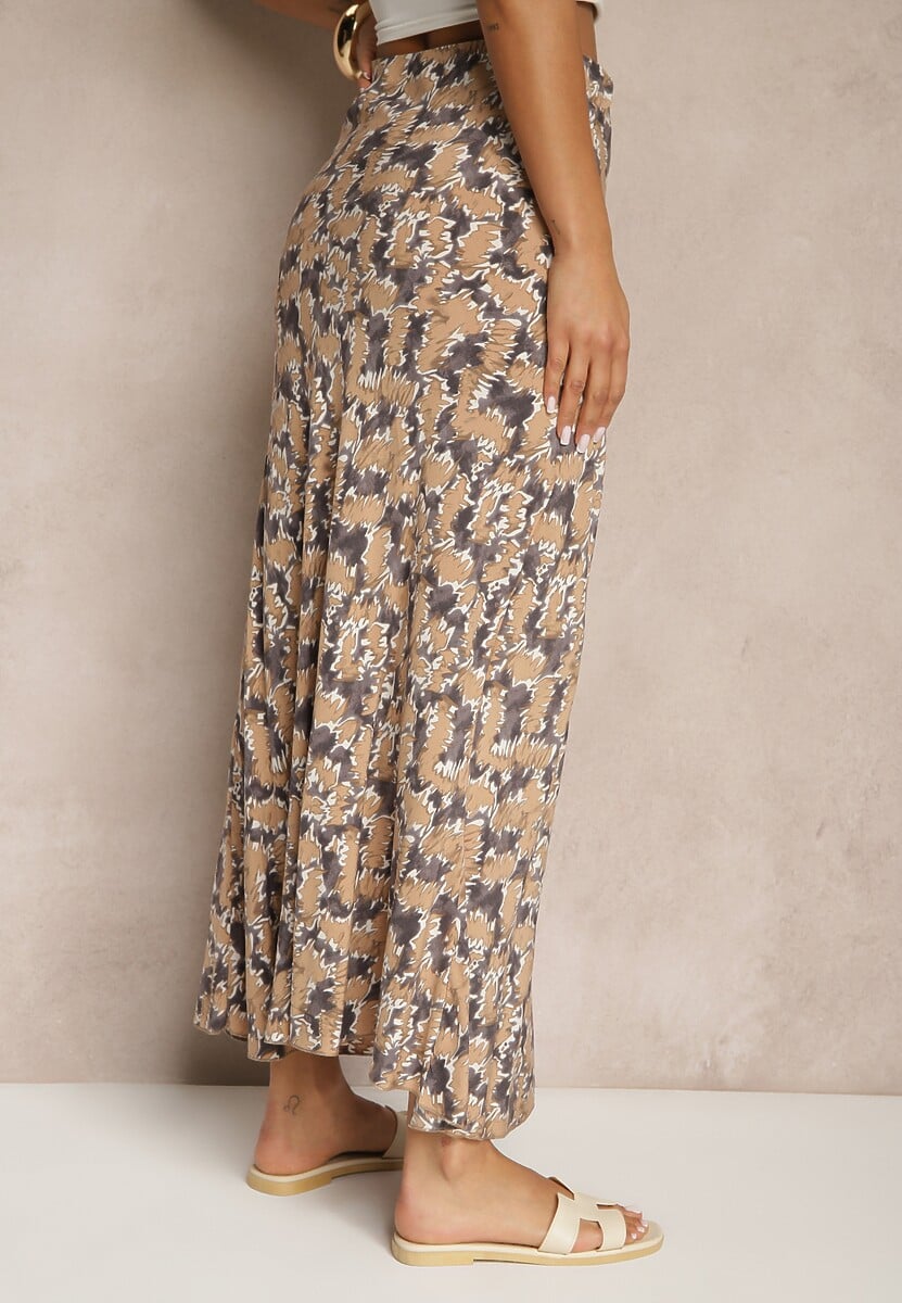 Szaro-Beżowa Rozkloszowana Spódnica z Wiskozy High Waist Fevanice 3