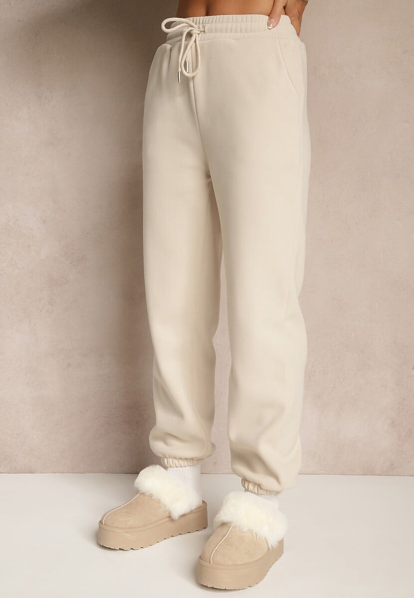 Beżowe Dresowe Spodnie z Bawełny z Ociepleniem Ozdobione Sznurkiem Citila 1