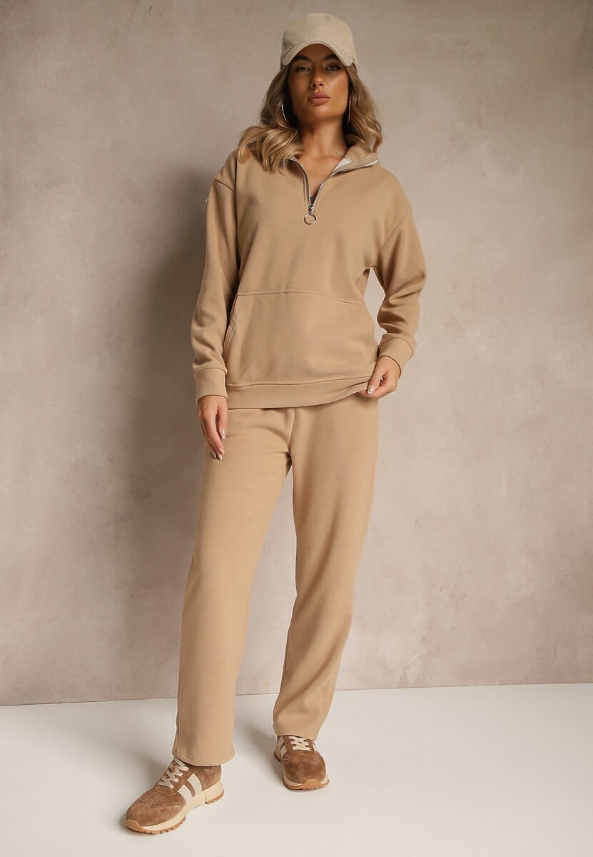 Ciemnobeżowy Bawełniany Komplet Dresowy z Ociepleniem Spodnie i Bluza z Suwakiem Mistilia 1