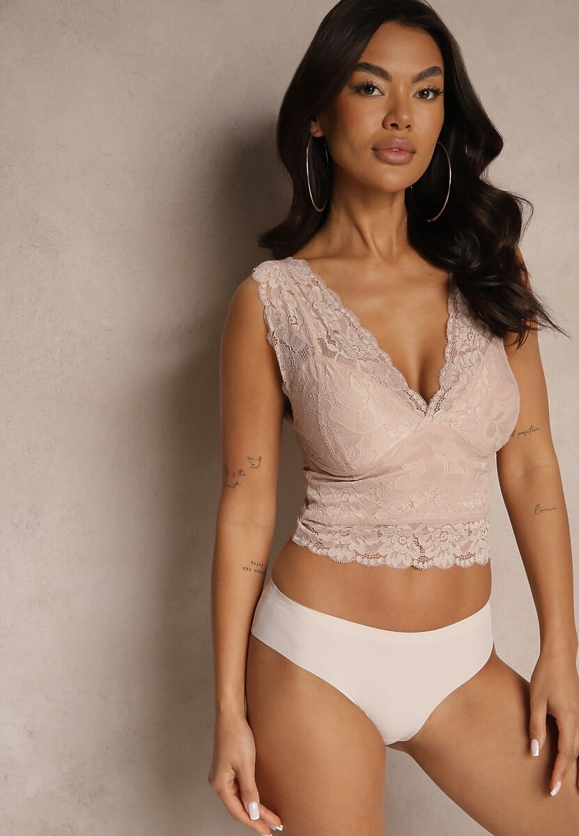 Beżowy Top z Koronki z Dekoltem w Kształcie Litery V Nitorea 2